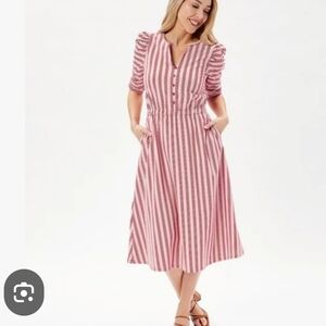 Matilda Jane Red Pink Small Stripe Puff Sleeve Pocket Midi Dress
